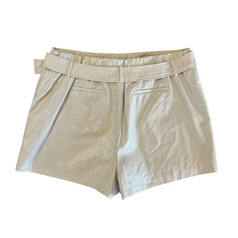 NINE WEST Beige Khaki Shimmer Linen Blend Belted Classic Shorts Women’s Size XL